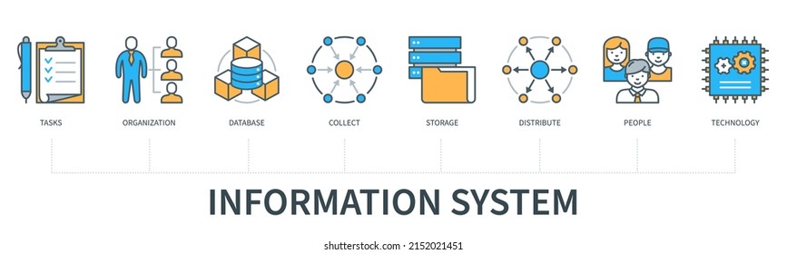 Information system concept with icons. Tasks, organisation, database, collect, storage, distribute, people, technology icons. Web vector infographic in minimal flat line style