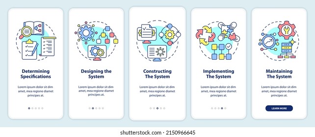 Information system development stages onboarding mobile app screen. Walkthrough 5 steps graphic instructions pages with linear concepts. UI, UX, GUI template. Myriad Pro-Bold, Regular fonts used
