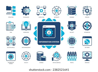 Symbol im Informationssystem gesetzt. Aufgaben, Computing, Datenbank, Sammlung, Speicherung, Sicherheit, Menschen, Technologie. Duotone-Farbsymbole