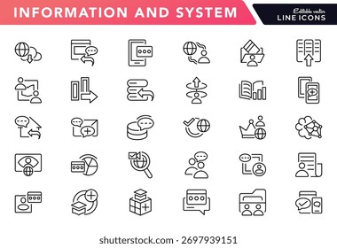 Symbol für Informationen und Systemzeile. Verbindung, Kommunikation, Technologie, Internet, IT, Router, Signal, drahtlos, Information Line Icon Set. Bearbeitbarer Strich