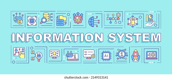 Information system word concepts turquoise banner. Computer-based data. Infographics with icons on color background. Isolated typography. Vector illustration with text. Arial-Black font used