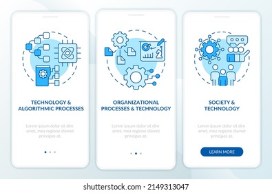 Pantalla de aplicación móvil azul onboarding de cooperación de sistemas de información. Recorrido 3 pasos páginas de instrucciones gráficas con conceptos lineales. UI, UX, plantilla GUI. Multitud de tipos de letra Pro-Bold, con uso regular