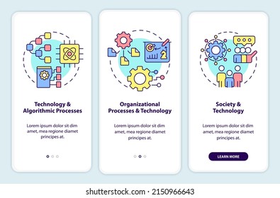 Information systems interactions onboarding mobile app screen. Walkthrough 3 steps graphic instructions pages with linear concepts. UI, UX, GUI template. Myriad Pro-Bold, Regular fonts used