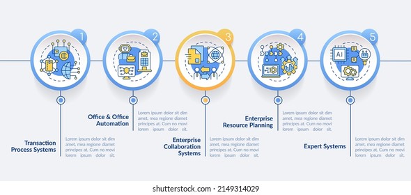 Los sistemas de información cambian la plantilla de infografía de círculo. Automatización de Office. Visualización de datos con 5 pasos. Gráfico de información de la línea de tiempo del proceso. Diseño de flujo de trabajo con iconos de línea. Lato-Bold, fuentes regulares usadas