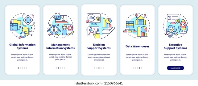 Information systems major types onboarding mobile app screen. Management walkthrough 5 steps graphic instructions pages with linear concepts. UI, UX, GUI template. Myriad Pro-Bold, Regular fonts used