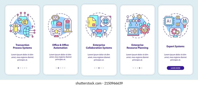 Information systems types onboarding mobile app screen. Office automation walkthrough 5 steps graphic instructions pages with linear concepts. UI, UX, GUI template. Myriad Pro-Bold, Regular fonts used