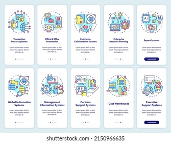 Information systems usage onboarding mobile app screen set. Management walkthrough 5 steps graphic instructions pages with linear concepts. UI, UX, GUI template. Myriad Pro-Bold, Regular fonts used