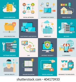 Information technologies concept flat icons with electronic devices software and internet isolated vector illustration