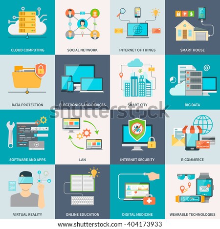 Information technologies concept flat icons with electronic devices software and internet isolated vector illustration