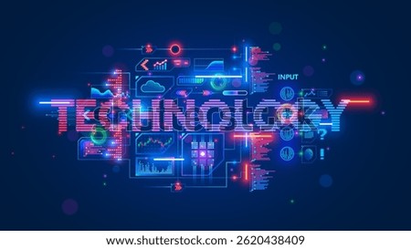 Information Technologies Concept. Futuristic Digital word technology with computers tech icons, graphs data, code program. Technology and Science background vector Illustration. Retro futurism.