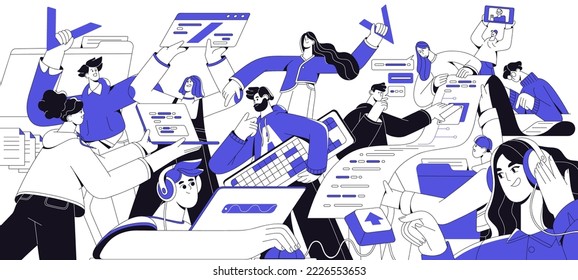 Information technologies concept. Work of software engineers, programmers, coders with program languages in agency. Geeks team, laptop computers. Flat vector illustration isolated on white background - Shutterstock ID 2226553653