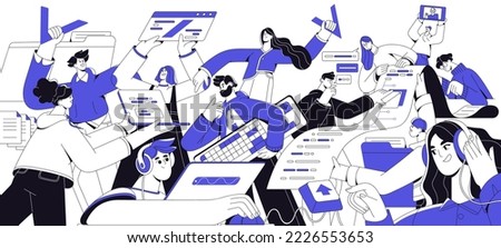 Information technologies concept. Work of software engineers, programmers, coders with program languages in agency. Geeks team, laptop computers. Flat vector illustration isolated on white background