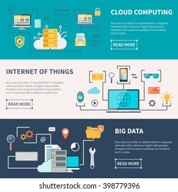 Tecnologias de informação banners horizontais definidos com internet de computação em nuvem e proteção de dados ilustração vetorial isolada