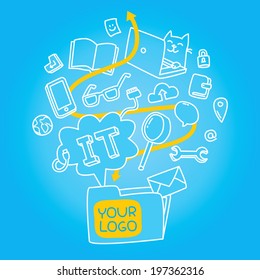 Information technologies pattern about programmer's life and teamwork. Modern vector illustration on blue background