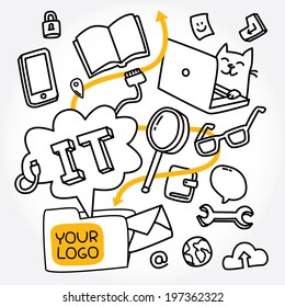 Information technologies pattern about programmer's life and teamwork. Modern vector illustration on white background