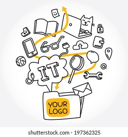 Information technologies pattern about programmer's life and teamwork. Modern vector illustration on white background