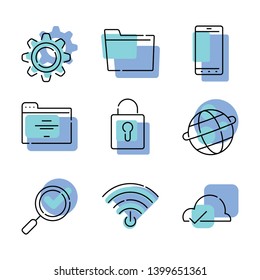 Information technologies, smart service and high-tech. Set of nine modern outline flat icons. Vector file.
