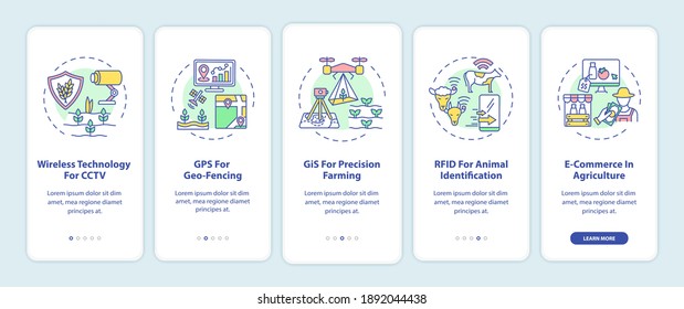 Information technology in agriculture onboarding mobile app page screen with concepts. Technology for CCTV walkthrough 5 steps graphic instructions. UI vector template with RGB color illustrations