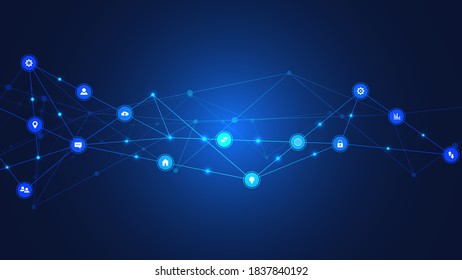 Information technology background with infographic elements and flat icons. Digital technology, network connection and communication concept. Vector illustration