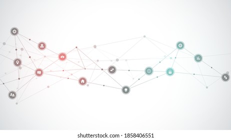 Information technology background with infographic elements and flat icons. Digital technology, network connection and communication concept. Vector illustration