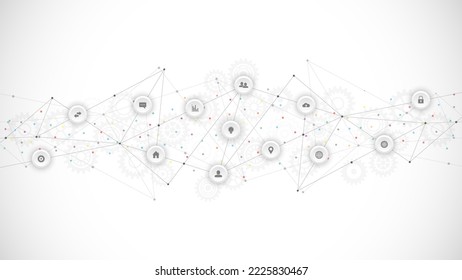 Information technology background with infographic elements and flat icons. Digital technology, network connection and communication concept. Vector illustration