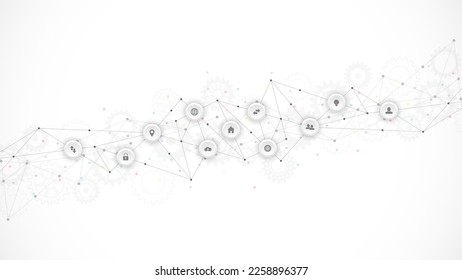 Information technology background with infographic elements and flat icons. Digital technology, network connection and communication concept. Vector illustration