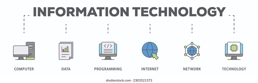 Information technology banner web icon vector illustration concept with icon of computer, data, programming, database, internet, network, and technology
