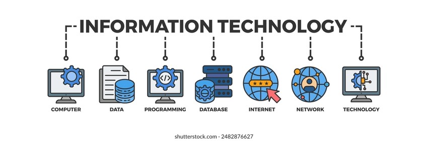 Concepto de Ilustración vectorial de íconos de Web de tecnología de la información con íconos de computadora, datos, Anuncio, base de datos, Internet, red y tecnología
