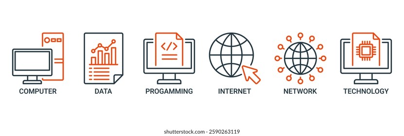 Information technology banner web icon set vector illustration concept with icon of computer, data, programming, database, internet, network, and technology icons. Outline vector symbol background.