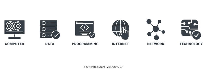 Information Technology banner web icon vector illustration concept with icon of computer, data, programming, internet, network, technology
