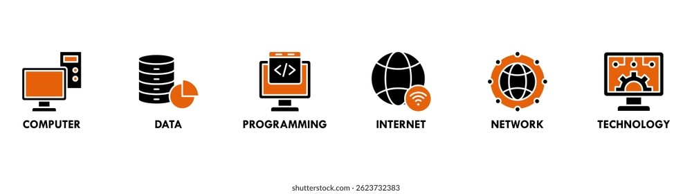 Information Technology banner web icon vector illustration concept with icon of computer, data, programming, internet, network, technology