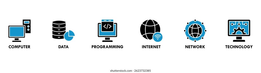 Information Technology banner web icon vector illustration concept with icon of computer, data, programming, internet, network, technology