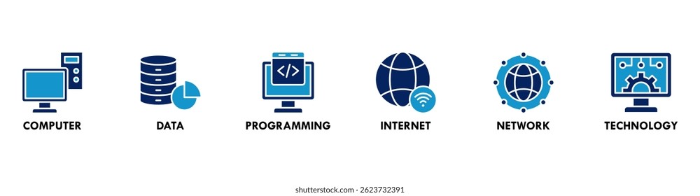 Information Technology banner web icon vector illustration concept with icon of computer, data, programming, internet, network, technology