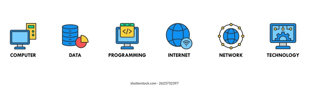 Information Technology banner web icon vector illustration concept with icon of computer, data, programming, internet, network, technology