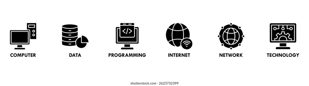 Information Technology banner web icon vector illustration concept with icon of computer, data, programming, internet, network, technology