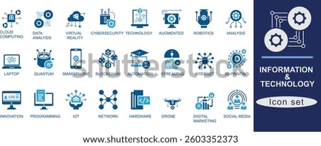 Information and technology best icon set. Cybersecurity, Data Analysis, Cloud Computing, Blockchain, Virtual Reality, Augmented Reality, IoT
