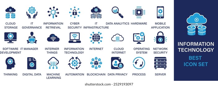 Information Technology best solid icon set collection. Cloud storage, it governance, information retrieval, cyber security , data analytics, mobile application and vector illustration.