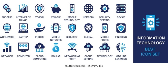 Information Technology best solid icon set collection. Process, internet, symbol, vehicle, mobile technology, network, security setting, device and vector illustration.