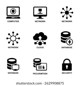 "Information Technology Black Icon Set – IT Vector Symbols for Network, Data, Security, Devices, and Digital Concepts, Minimal Silhouette Style"