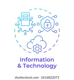 Information and technology blue gradient concept icon. Cloud infrastructure. Dataservers, database. Cyber security. Round shape line illustration. Abstract idea. Graphic design. Easy to use