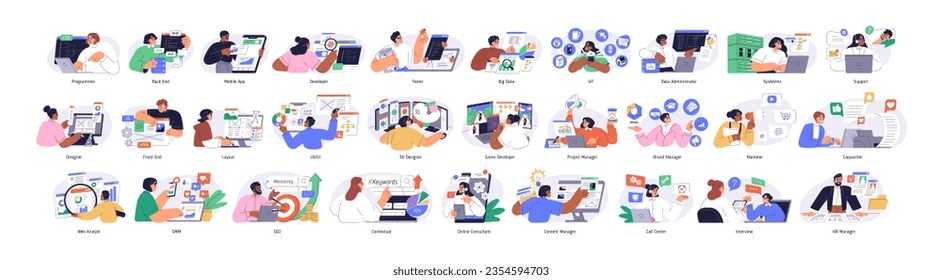 Information technology business, work in internet, big set. Software development, 3d and web design, programming, marketing in IT agency. Flat graphic vector illustrations isolated on white background svg