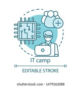 Information technology camp concept icon. Employment, recognition for young professionals idea thin line illustration. Presenting new inventions. Vector isolated outline drawing. Editable stroke