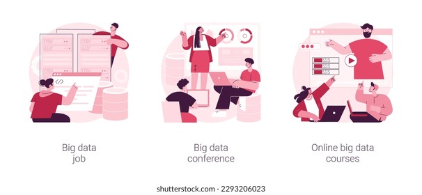 Information technology career abstract concept vector illustration set. Big data job, conference presentation, online big data courses, developer certification, learning platform abstract metaphor.