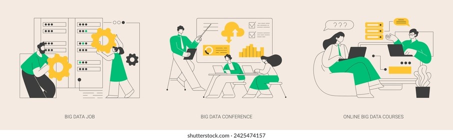 Information technology career abstract concept vector illustration set. Big data job, conference presentation, online big data courses, developer certification, learning platform abstract metaphor.