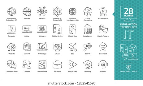 Information technology chalk style icon set with IT network system, communication, online computer, website content, web design, database and more doodle line symbols.