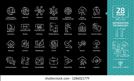 Information technology chalk style icon set on a black board background with IT network communications computing tech system doodle line symbols.