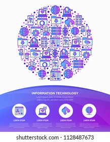 Information technology in circle thin line icons: social network, system backup, search, LAN network, connection, API, feedback, video call, online news. Vector illustration, web page template.