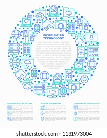 Information technology in circle thin line icons: social network, system backup, search, LAN network, connection, API, feedback, video call, online news. Vector illustration, web page template.