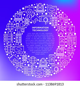 Information technology in circle thin line icons: social network, system backup, search, LAN network, connection, API, feedback, video call, online news. Modern vector illustration, web page template