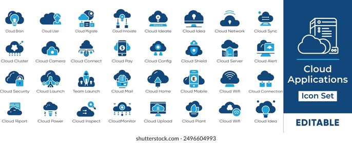 Conjunto de iconos de aplicaciones en la nube de Tecnología de información. Incluye computación en la nube, infraestructura, desarrollo, seguridad e íconos de negocios. Gráficos de Vector para una fácil personalización